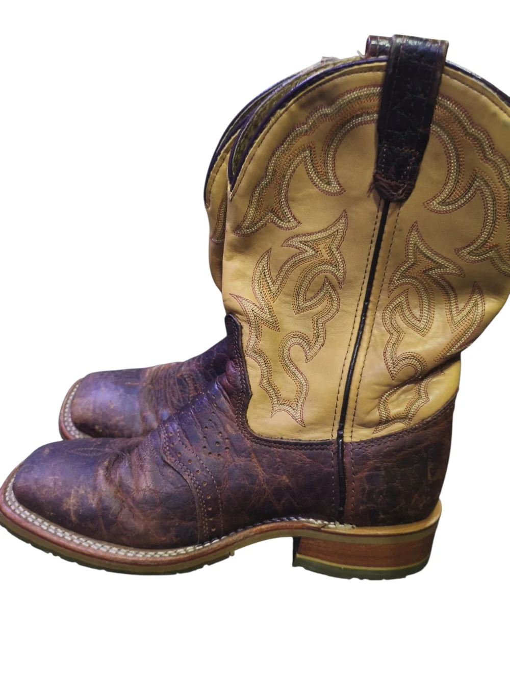 Double H Brown Leather Foot with Yellow Embroidered Shaft Cowboy Boots